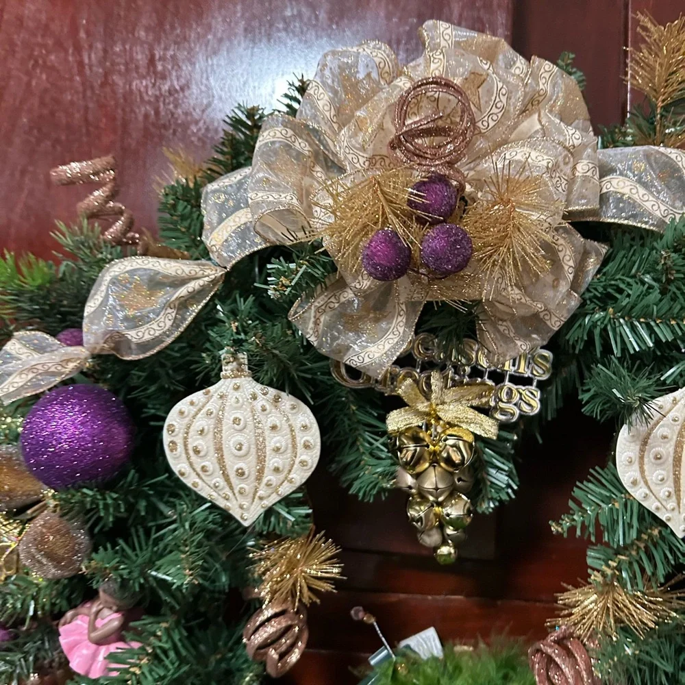 Elegant Holiday Wreath with Purple and Gold Accents